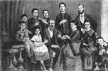 Chekhov's family. From left to right: standing - Ivan, Anton, Nikolay, Aleksandr and Mitrofan Egorovich; sitting - Mihail, Mariya, Pavel Egorovich, Evgeniya Yakovlevna, Ludmila Pavlovna and her son Gorgiy. (1874)